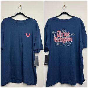 True Religion Mens Short Sleeve Shirt Top Size 2XL Blue Cotton Graphic Tee